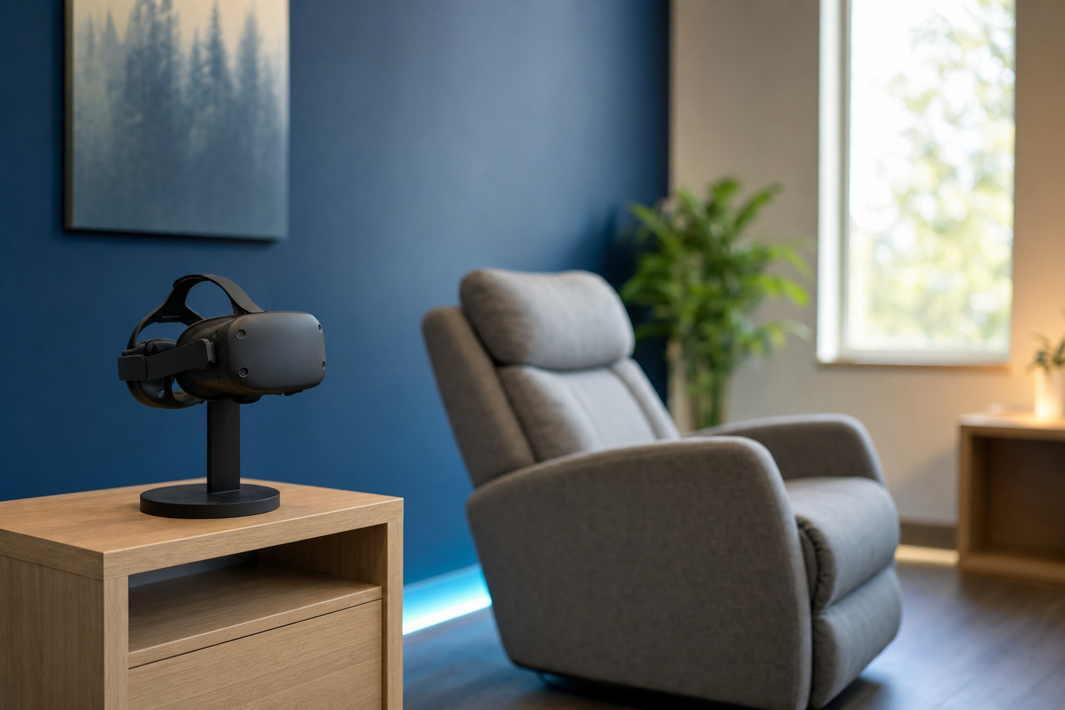 Better Relief VR treatment room in Barrie with VR headset and therapy recliner