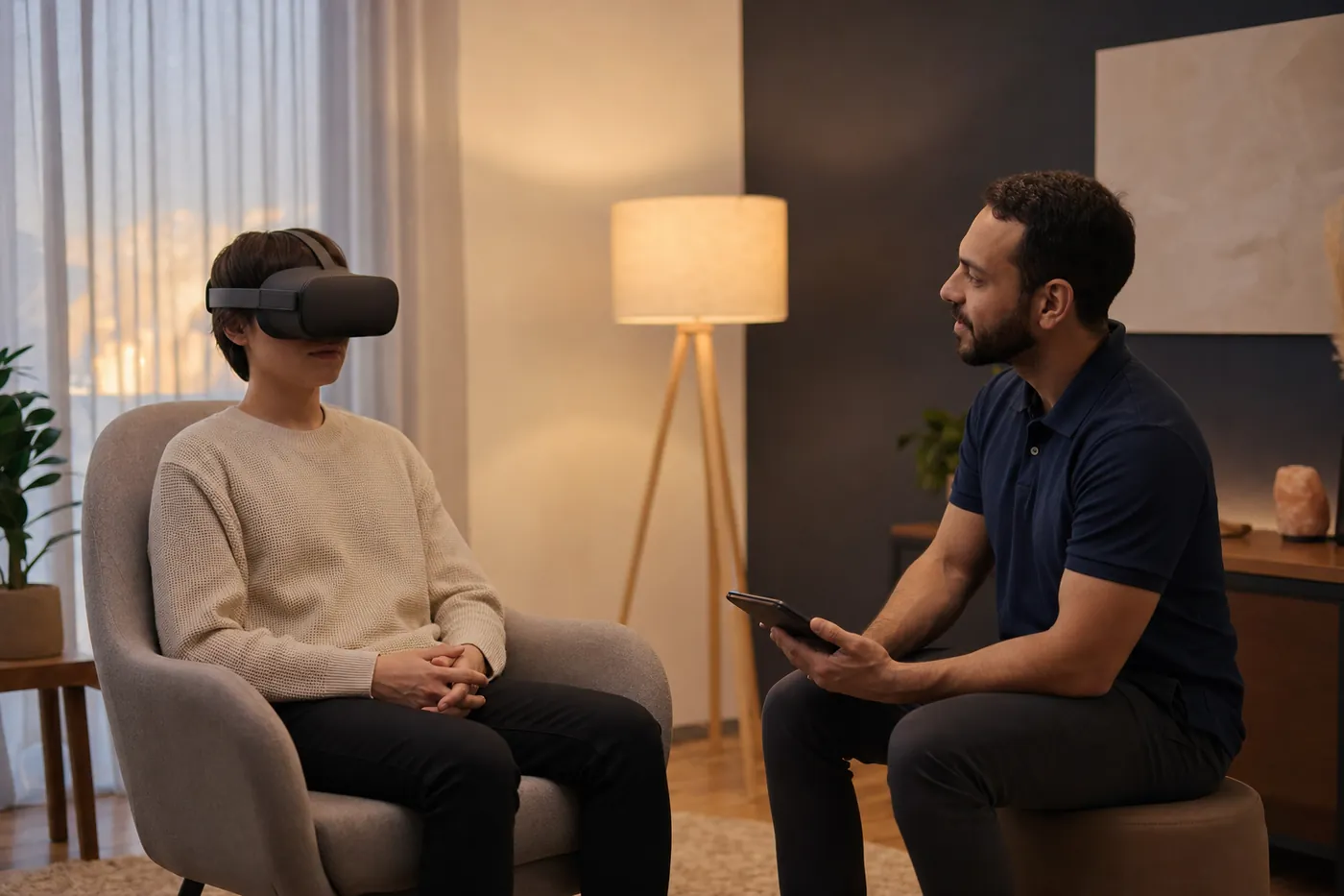 Client in a VR headset during a mental health focused therapy session