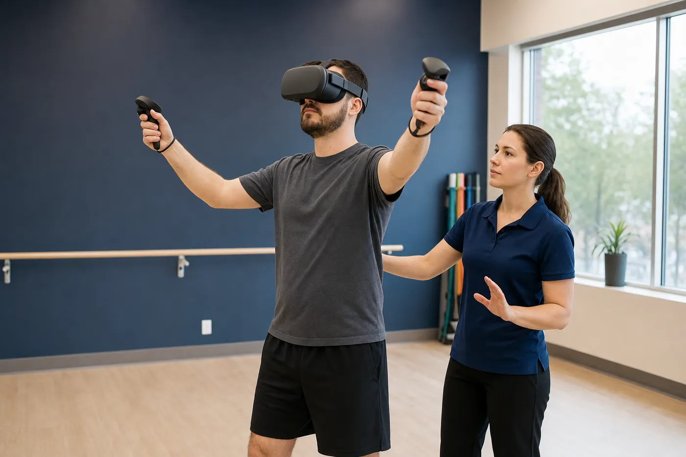 Client using VR controllers during a physical rehabilitation session