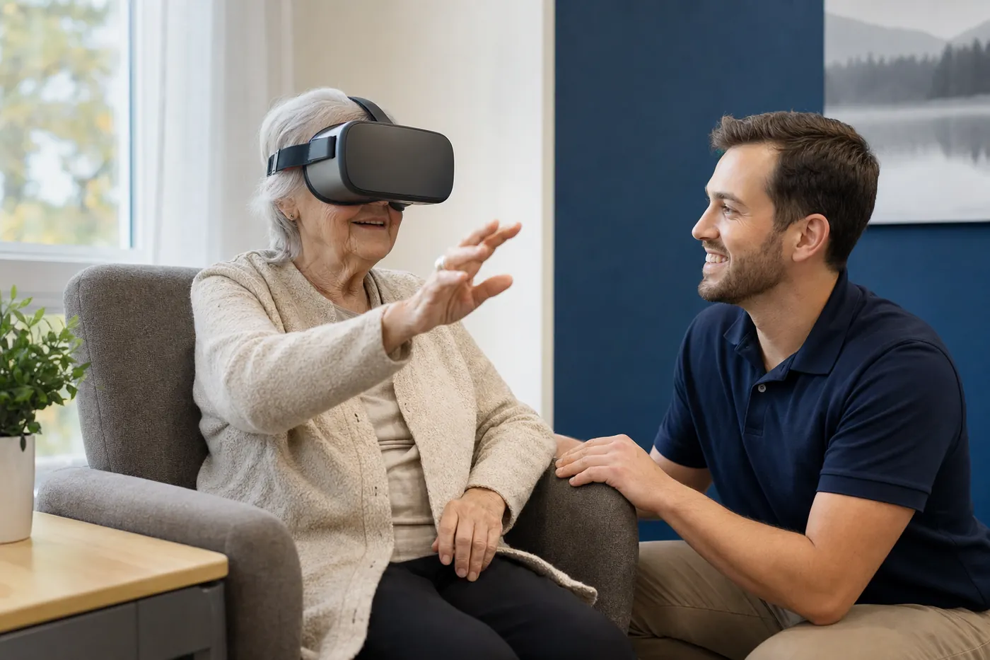 Senior client engaging in VR based cognitive therapy session